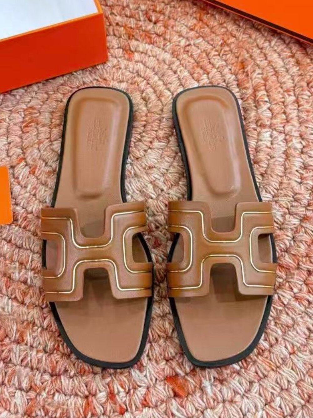 Hermes Brown Oran H-Cut Leather Slide Sandals, size 36